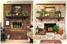 two pictures of a living room with brick fireplaces