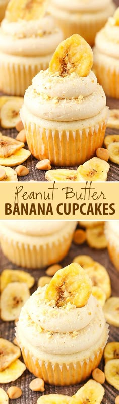 banana cupcakes with cream cheese frosting and sliced bananas