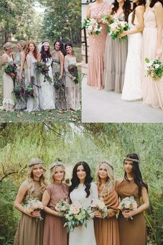 the bridesmaids are all wearing different colored dresses