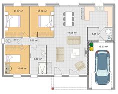 the floor plan for a house with two cars parked in it and an open living area