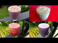 four different types of smoothies are shown in three separate pictures, one is purple and the other is red