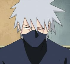 an anime character with white hair wearing a black mask and looking off to the side