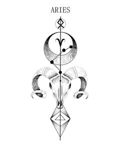 the aries zodiac sign is shown in black and white, with two rams on each side