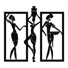 three black and white silhouettes of women in dresses