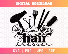 the logo for hair salon with scissors, combs and flowers on top of it