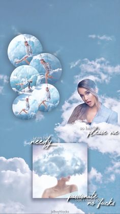 a woman is floating in the sky with clouds and photoshopped on her face