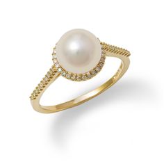 14K yellow gold ring One round Akoya Pearl, 8-8.5mm Faceted round Diamond totaling 0.144 carats, total weight "Halo" Design Ring sizes 4.5 - 8.5 Additional ring sizes may be available Contact us Due to their nature, no two pearls are alike. Pearls will vary in color, shape and overtone. Dimples, birthmarks, surface imperfections may be present and speak to their nature making each pearl unique. Maui Divers Jewelry offers extended sizing which may be subject to an additional cost. Any subsequent Akoya Pearl Ring, Halo Design, Akoya Pearls, Cute Rings, Vintage Pearls, Pearl Diamond, Yellow Gold Ring, June Birth Stone, Ring Vintage