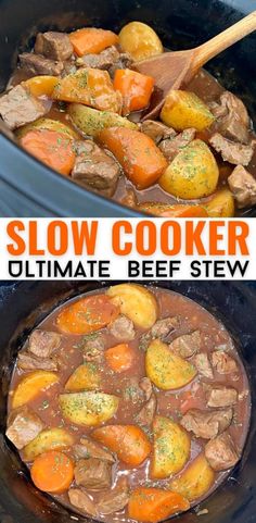 the slow cooker is full of beef and potatoes