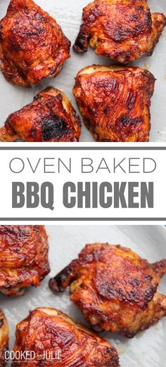 oven baked bbq chicken on a plate with text overlay that reads oven baked bbq chicken