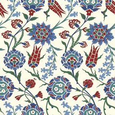 an ornate floral pattern with blue and red flowers