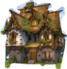 an image of a house made out of wood and stone