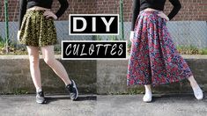 two women wearing skirts and shoes with the words diy culotes