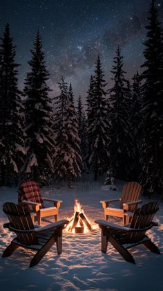 two adiron chairs sitting around a campfire in the middle of a snowy forest