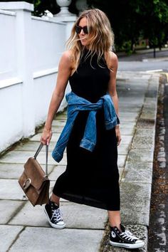 Robe longue noire Converse Looks Com All Star, Converse Outfits, Curvy Petite Fashion, Outfits With Converse, Combat Boot, Casual Street Style