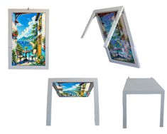 four different paintings are hanging on the wall in front of a white table and chair