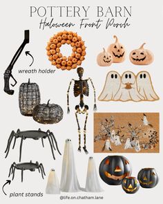 an assortment of halloween items including pumpkins and ghost decorations