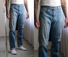 "*FREE DOMESTIC SHIPPING Beautiful vintage 80s Levis 501 distressed to perfection button fly jeans. Awesome whiskered denim with in a light medium wash with the perfect length the wear long or cuffed. Throw on and go any day of the year dressed up or down. Made in USA. Please refer to measurements below. <> Designer: Levis <> Made in USA <> 100% Cotton <> Size: Please refer to below measurements for best fit. ( model stands 6'3\" ) <> Measurements: laying flat from left to right      waist: 16.25\" - 16.5\"      rise: 12\"      hips: 24\"      inseam: 37\" <> Original label 34x38, please refer to measurements above for best modern fit. <> Great Vintage Condition. Some minor distressing throughout. Please note that vintage items are not new and therefore might have minor imperfections. Plea Levis 501 Outfit Mens Street, Levis 501 Outfit, Levi's Vintage Jeans For Streetwear, 80s Levis Jeans, 501 Outfit, Vintage Levi Pants, Relaxed Vintage Levis, Vintage Levi's Streetwear Jeans, 501 Jeans