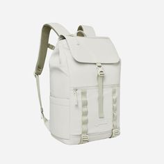 a white backpack with straps on the front and back side, against a white background