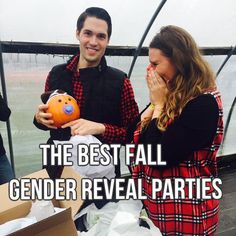 two people standing next to each other with the caption, the best fall gender reveal parties