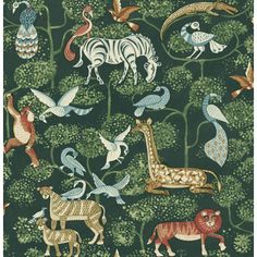 an image of animals and birds in the forest on a wallpaper background with trees