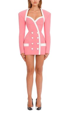 This double-breasted blazer dress in pink is perfect for a stylish young woman. The dress has a professional look that's perfect for the office, but the playful color and style make it perfect for a night out on the town, too. The dress is made of high-quality materials and construction that will last, making it a wise investment for any fashion-savvy woman. Gentle Dry Clean Only Colour may vary due to lighting on images. The product images (without model) are closest to the true colour of the p Formal Pink Summer Blazer, Spring Office Mini Blazer, Spring Mini Blazer Dress For Office, Chic Fitted Pink Blazer, Summer Party Double-breasted Blazer Dress, Spring Mini Dress With Double Button Closure, Spring Fitted Mini Dress With Double Button Closure, Spring Long Sleeve Mini Dress With Double-breasted Buttons, Fitted Mini Dress With Double Button Closure For Spring