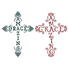 two crosses with the words grace and king in red, green and blue on them