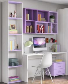 a desk with a computer on top of it next to a book shelf filled with books