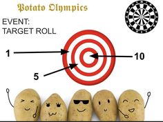 potatoes with faces drawn on them and an arrow pointing to the target