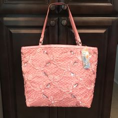 New With Tag! Gorgeous Christiana Pink Floral Bead Sequin Bag - Pink Floral Velvet Pattern - Pink Silky Fabric Lined Interior - Approx. 15 X 10.5 X 4.5 - Center Zip Pocket Divides Two Compartments - Tote Shopper Purse - Retail $98 Velvet Pattern, Sequin Bag, Silky Fabric, Pink Bag, Michael Kors Jet Set, Womens Tote Bags, Pink Floral, Zip Pockets, Sequin