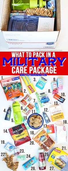 Over 30 ideas of things to pack in a military care package that will be useful, fun, or entertaining.  While our troops are working hard over seas to ensure our freedoms and receiving a care packag… Navy Deployment Packing List, Veteran Care Package Ideas, Marine Care Package Ideas, The Pinning Mama