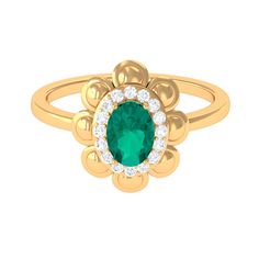 Product Details Dress your finger with this outstanding Emerald Cocktail Ring. The Oval shape Emerald in Prong Setting with diamond as Halo makes a unique flower. Product Information SKU SHP-RINGS032221164 Weight 2.80 gm (Approximate) EMERALD INFORMATION No.of Stones 1 Pieces Total Weight 0.72 Carat (Approximate) Dimension(approx) Oval-5X7 mm-1 Pcs Color Green Cut Brilliant Shape Oval Setting Type Prong-Setting Quality Grade AAA DIAMOND INFORMATION No.of Stones 16 Pieces Total Weight 0.20 Carat (Approximate) Dimension(approx) Round-1.40X1.40 mm-16 Pcs Color HI Cut Brilliant Shape Round Setting Type Prong-Setting Quality Grade SI View More Product Parent Collection Handle stone-shape-swatches