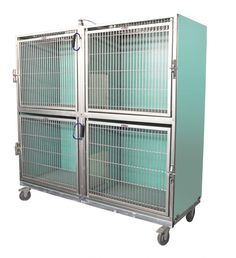 two cages with wheels on each side, one is green and the other is blue