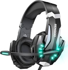 the gaming headset has glowing green lights on it's ears and headphones