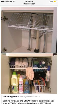 two pictures of the inside of a kitchen cupboard with cleaning products and dishes in it