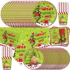 the grinch christmas tableware is green with red and white stripes