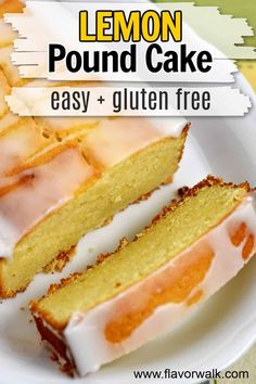 lemon pound cake on a white plate with the title text overlay reads easy and gluten free