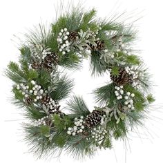 a christmas wreath with pine cones and white berries