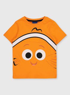 an orange t - shirt with a cartoon character on the chest and eyes that look like a fish