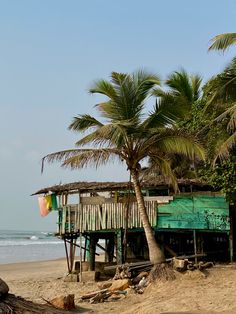 a hut on the beach with palm trees