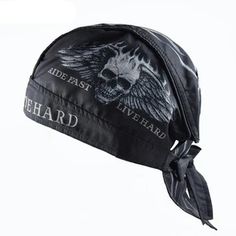 a black bandana hat with a skull on it