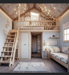 a bedroom with a loft bed and stairs