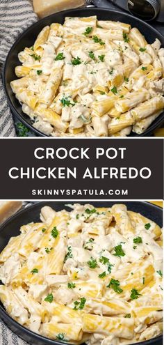 chicken alfredo in a skillet with cheese and parsley on top, next to the finished dish