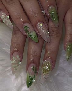 Nail Design Gold, Green Nail Art, Green Nail Designs, Purple Nail, Girly Acrylic Nails, Black Nail, March 7, Prom Nails