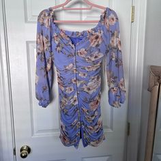 Mini Corset Dress Size L Bodycon And Very Stretchy, Pretty Lavender Dress With Flowers And Long Sheer Sleeves, Never Used, Hook Closure And Scrunched In The Back To Make Give You Hourglass Shape Lavender Floral Print Mini Dress, Fitted Lavender Mini Dress With Floral Print, Mini Corset Dress, Distressed Sweater Dress, Silk Summer Dress, Beaded Formal Dress, Black Knee Length Dress, High Low Midi Dress, Lavender Dress