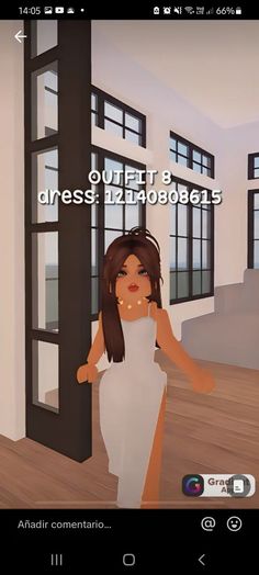 an animated woman in a white dress standing next to a window with the caption's name on it