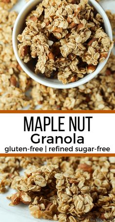 maple nut granola in a white bowl with text overlay