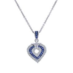 This Marvelous Open Heart Shaped Gemstone Pendant Necklace Showcases Baguette Cut Sapphires Set In A Channel Setting & Crafted In 14k White Gold.The Contemporary Heart Shaped Pendant Features Bright Round Cut Diamonds 0.50 C.T.W., Color/Clarity G,H-Si Alternating With Baguette Cut Sapphires 0.50 C.T.W. Enjoy A Matching 14k White Gold 18" Long Chain With Your Purchase. Chain Secures With Lobster Claw Clasp. Necklace Weight Is 5.6 Grams. Dhp2462 Heart-shaped Sapphire Necklace For Formal, Heart-shaped Sapphire Necklace For Formal Occasions, Blue Diamond Cut Fine Jewelry Necklace, Sapphire Diamond Jewelry With Pave Setting, Blue Diamond Cut Necklace In Fine Jewelry Style, Blue Diamond Cut Necklace, Blue Diamond Cut Necklace For Anniversary, Blue Diamond Necklace For Anniversary, Blue Diamond Pendant Necklace For Anniversary