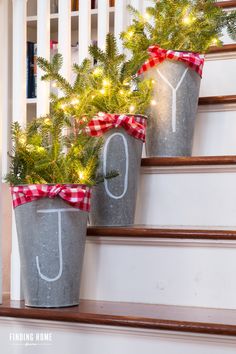 three buckets filled with christmas trees sitting on top of a set of wooden steps