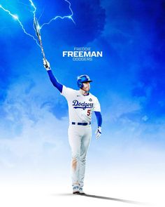 a baseball player holding a bat in his right hand and lightning behind him on a blue sky background