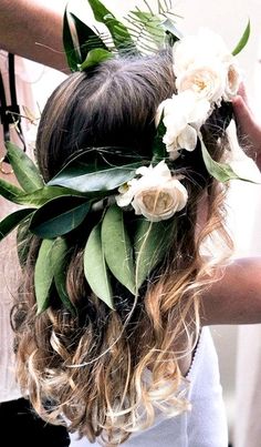 flower crown Leaves In Hair, Fern Crown, Hair With Flowers, Wreath Crown, Boho Makeup, Gum Leaves, Mexico Elopement, Olive Wreath, Boho Flower Girl